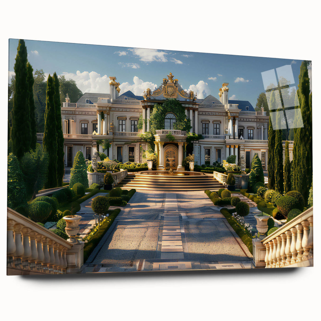 Acrylic print of a large abstract palace design in muted gray and blue tones, ideal for bedroom or dining room art.