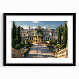 Extra large abstract art print featuring a colorful, textured depiction of a palace, presented in a black frame with mat.