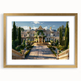 Textured abstract art print depicting a palace design in muted gold and beige tones, framed with a mat.