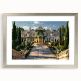 Abstract art print featuring a palace design in silver tones, framed with a matte finish.