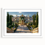 Extra large abstract art print featuring textured design of a palace in muted earth tones, framed in white.