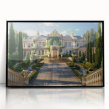 Large abstract wall art featuring a mid-century modernist palace design in black and white tones, framed in acrylic.