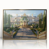 Mid-century modernist architecture palace design in gold and black hues on framed acrylic.