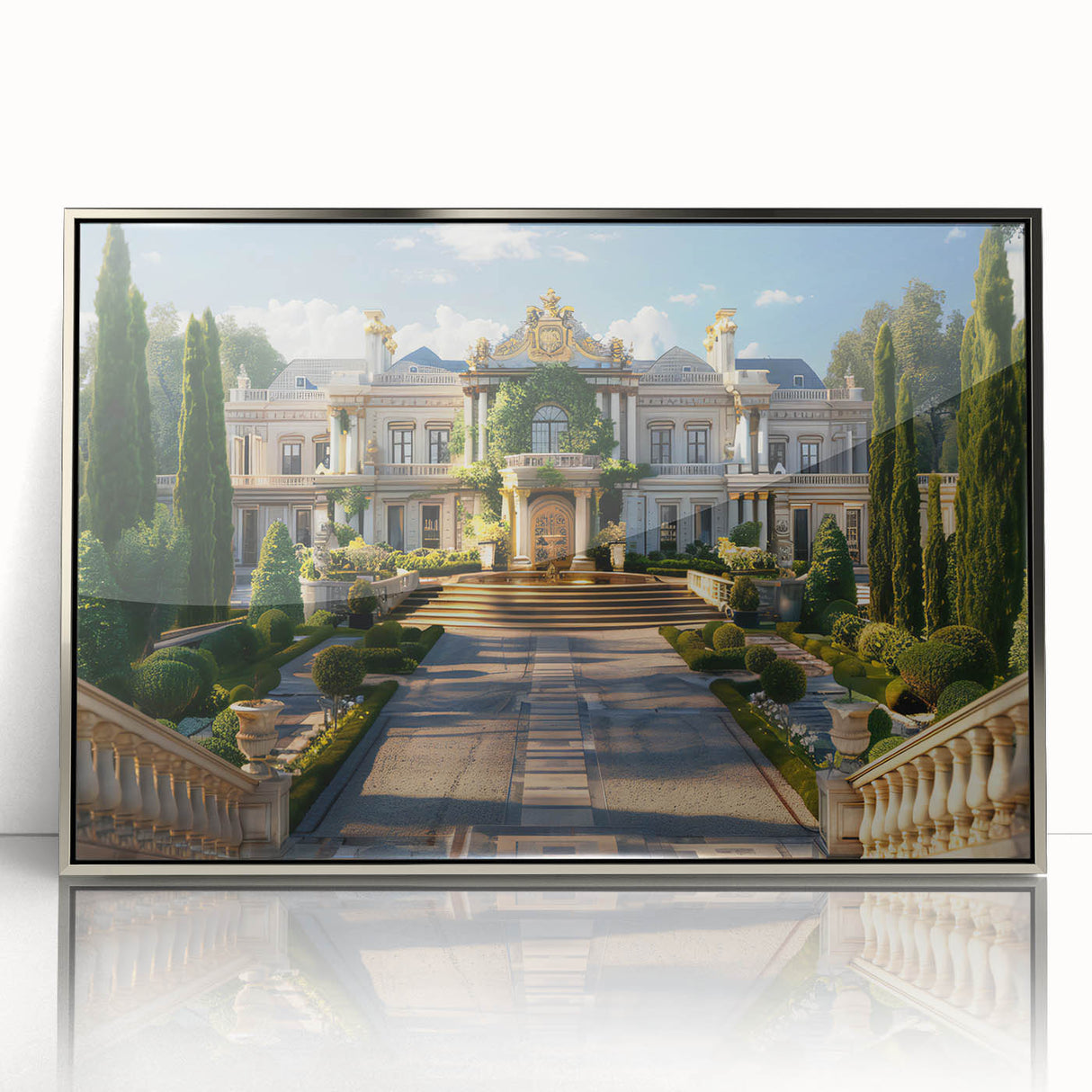 Art Deco style palace design in silver and gray tones on a framed acrylic, ideal for modern art wall decor.