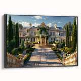 Black and white framed canvas of a vintage palace design, ideal for bedroom wall art.