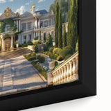 Extra large framed canvas featuring a black textured art of a palace architecture with colorful accents.