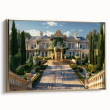 Framed canvas featuring a vintage-style landscape art painting of a palace, with a palette of black and colorful art tones.