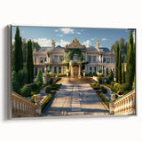 Vintage poster art of a palace, in colorful hues on a large framed canvas, suitable for living room decor.