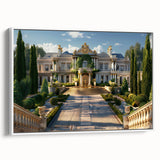 Framed canvas featuring a vintage-style black and white palace design, ideal for bedroom wall art.