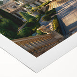 Art deco poster of a palace architecture on rolled canvas, with muted earth tones, ideal for dining room wall art.