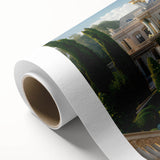 Art Deco poster of a palace with geometric patterns in muted gold and teal, rolled canvas, ideal for nursery wall art.