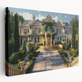 Side view of a large stretched canvas featuring a detailed palace architecture design in neutral tones.
