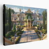 Side view of a large stretched canvas featuring a detailed palace architecture design in neutral tones.