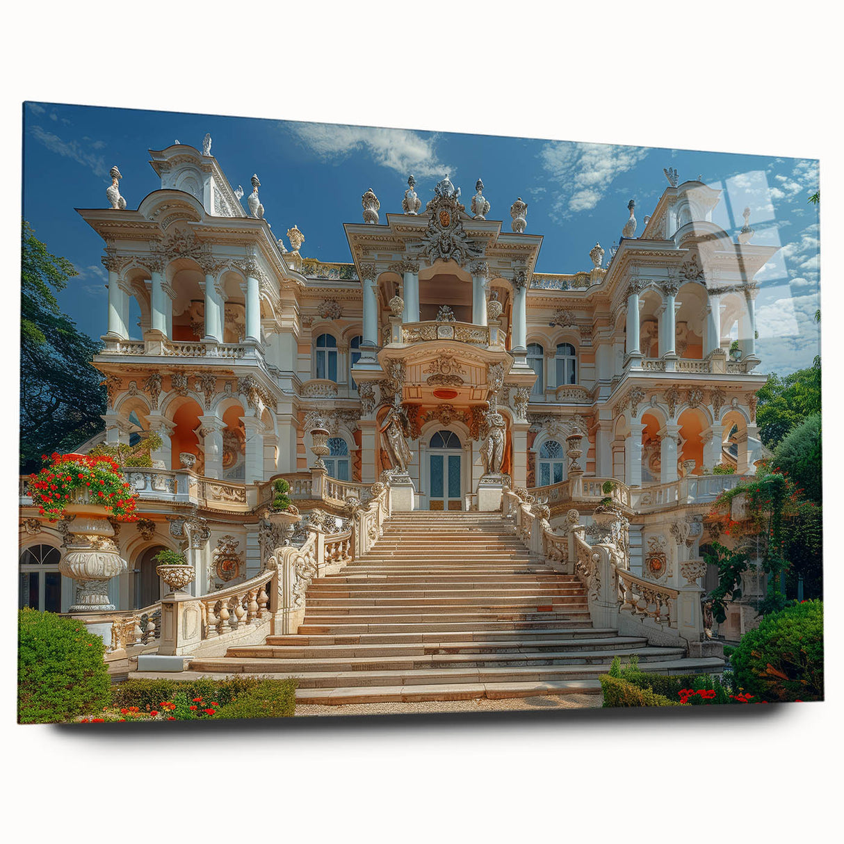 Large abstract wall art in acrylic, featuring a palace design with soft gray and white tones.