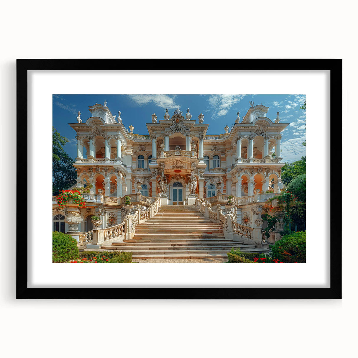 Extra large abstract art print featuring a colorful, textured depiction of a palace, on a black framed canvas.
