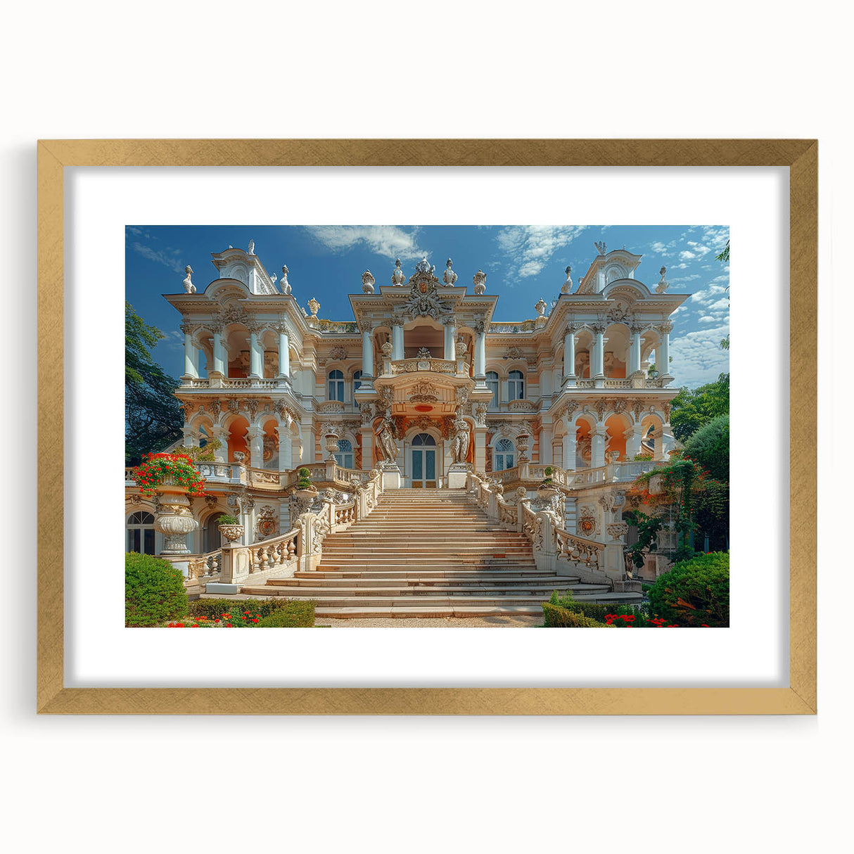 Textured art depicting an abstract palace design in muted gold and white tones on a framed print, suitable for bedroom decor.