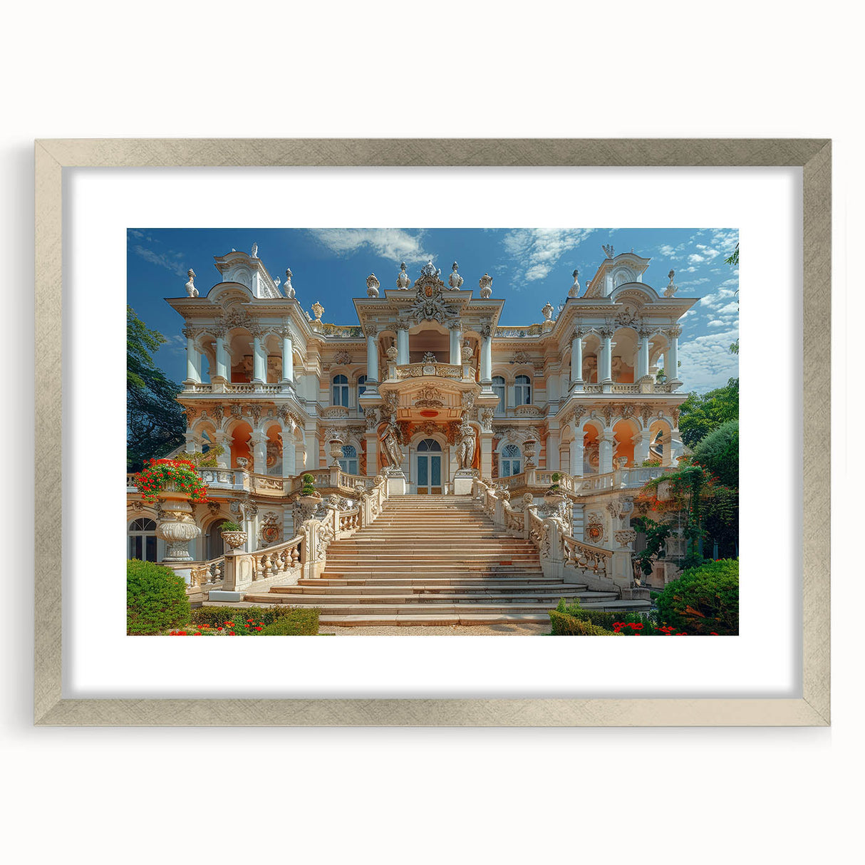 Abstract art print of a palace design in muted silver and gray tones, framed with a silver mat.