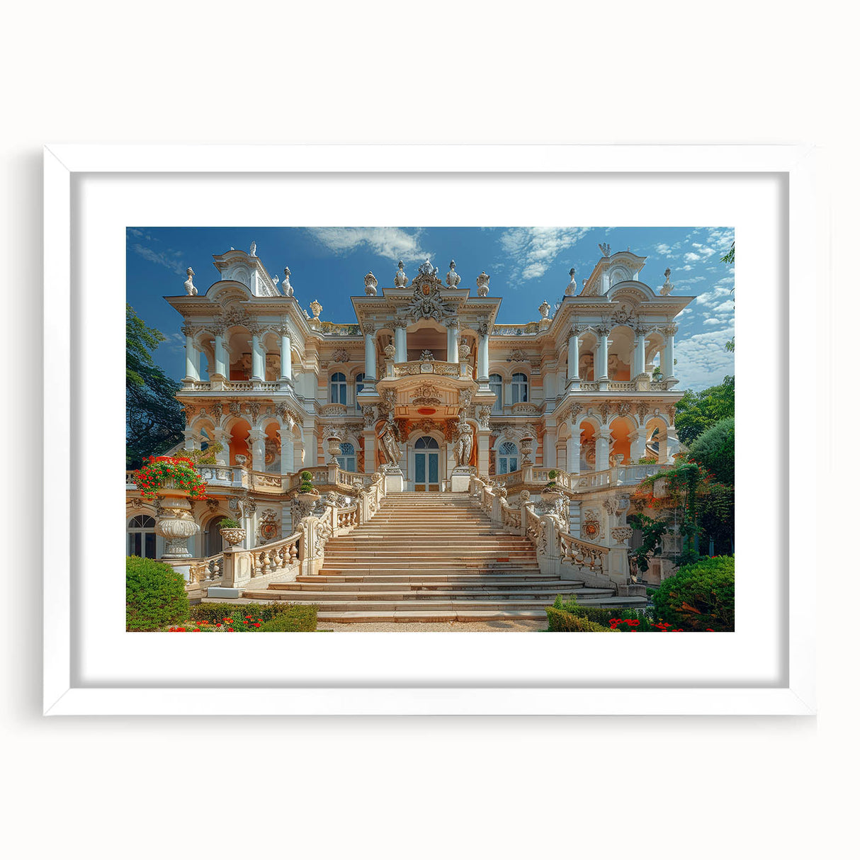 Extra large abstract art print of a palace design in textured style, using muted earth tones on a framed white mat.