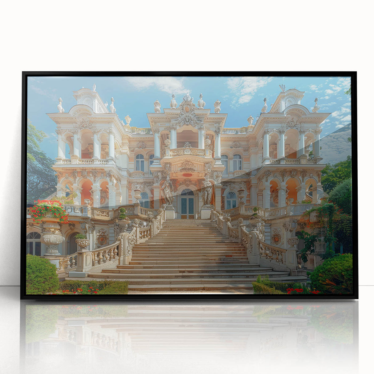 Large abstract wall art featuring a mid-century modernist palace design in black and white tones, acrylic framed.
