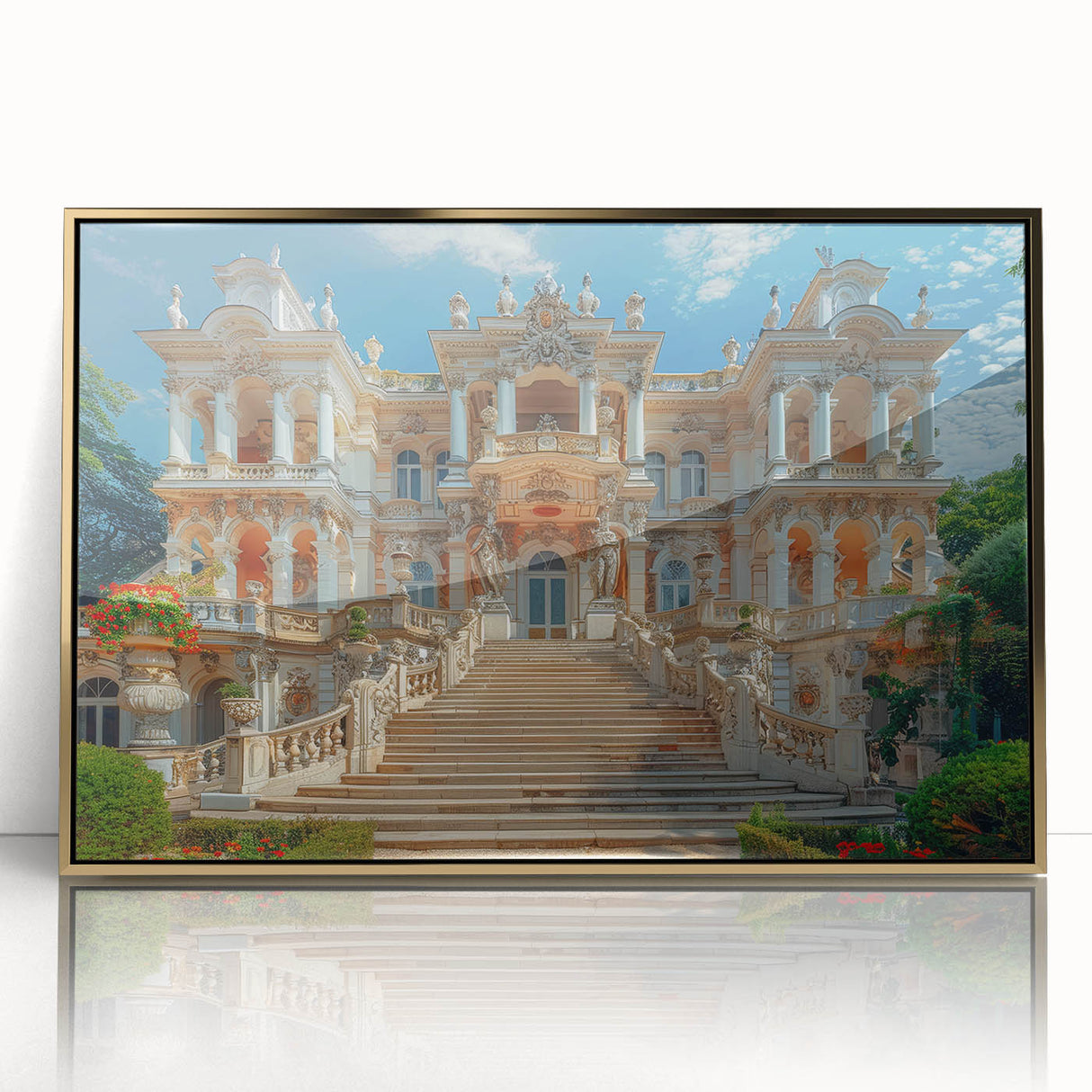 Mid-century modernist palace architecture in gold tones, acrylic print, ideal for nursery wall art.