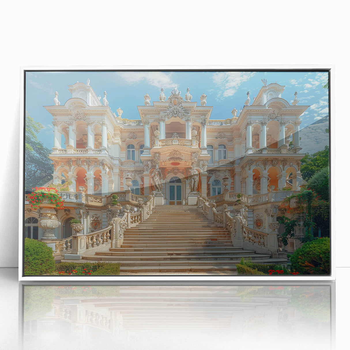 Large art print of a mid-century modernist palace design in muted gray and white tones on framed acrylic.