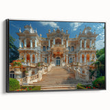 Black and white framed canvas featuring a vintage poster art of a palace design, ideal for bedroom wall decor.