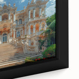 Extra large framed canvas featuring a black textured palace design with colorful accents, ideal for living room decor.
