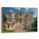 Landscape art painting of a palace in gold and black tones on a framed canvas.