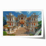Rolled print of a large floral art featuring a detailed palace architecture, in soft pastel shades.