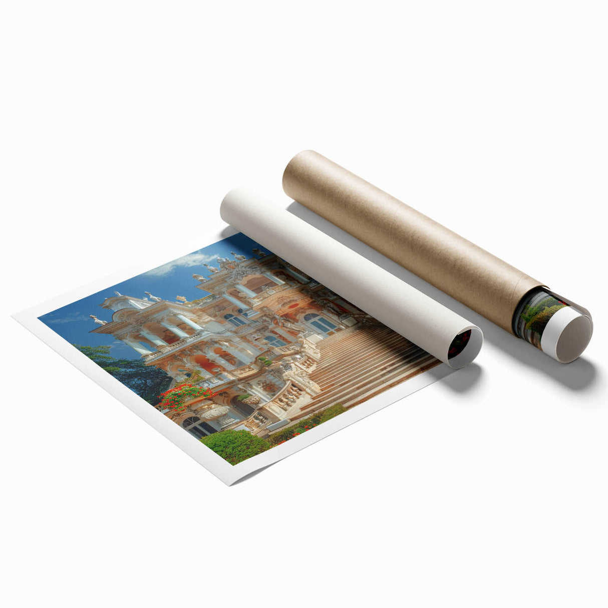 Extra large rolled print featuring a detailed floral design on a palace, in muted earth tones.