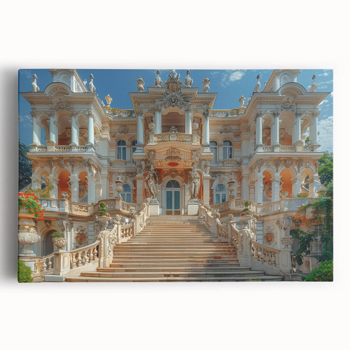 Black and white large art print of a palace architecture on stretched canvas, suitable for kitchen wall art.