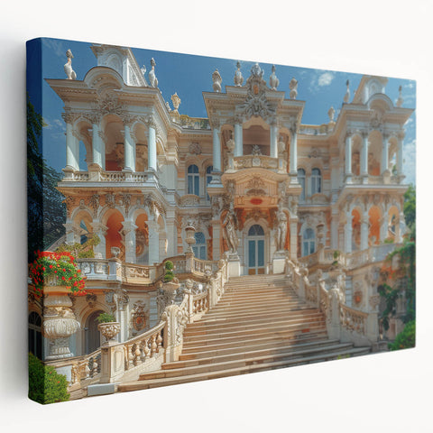 Side view of a large stretched canvas depicting a detailed palace architecture in earthy tones.