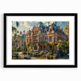 Extra large abstract art print of a colorful, textured palace design on a black framed canvas, ideal for living room decor.