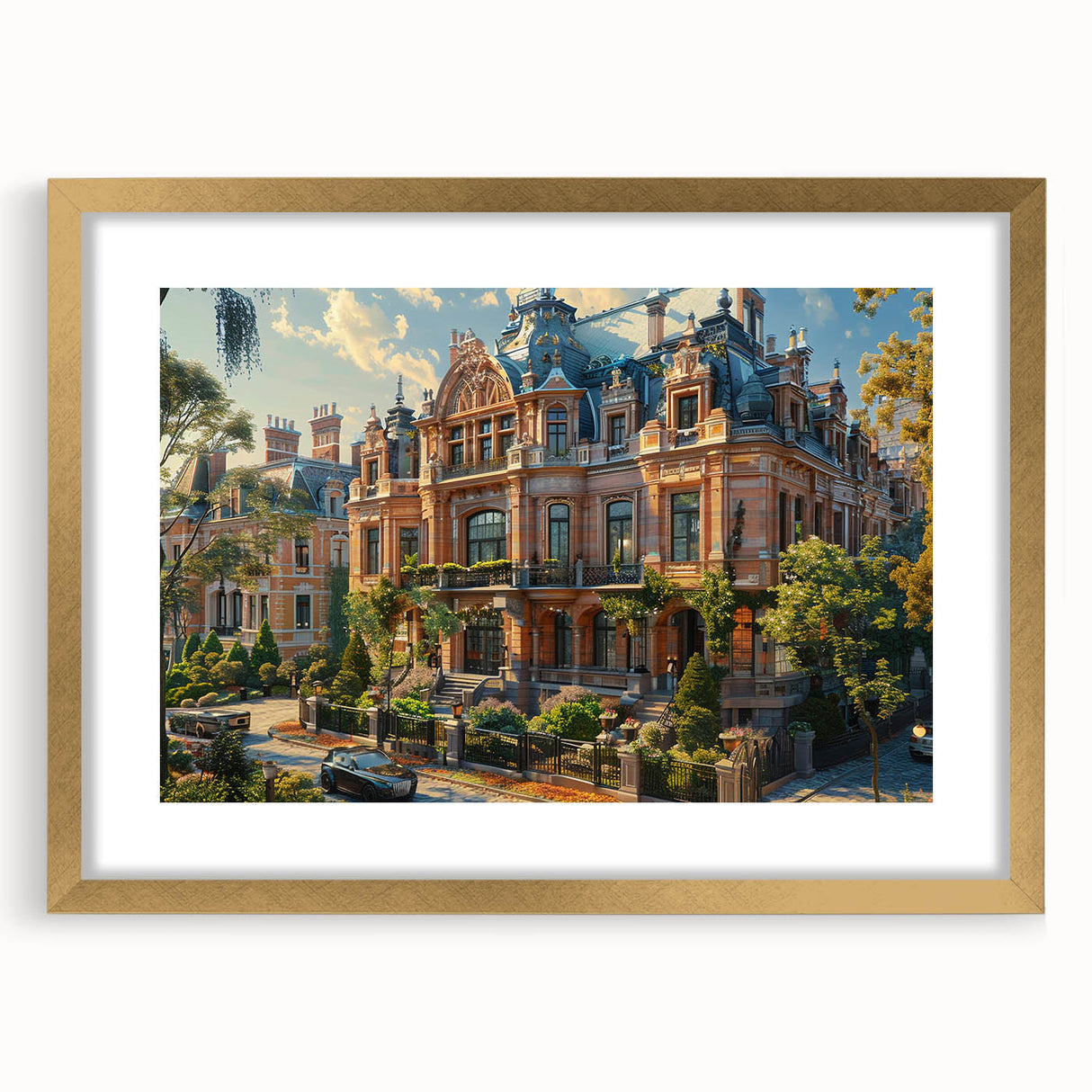 Textured abstract art print of a palace in muted gold and beige tones on a framed canvas, suitable for bedroom decor.