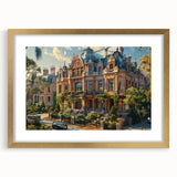 Textured abstract art print of a palace in muted gold and beige tones on a framed canvas, suitable for bedroom decor.