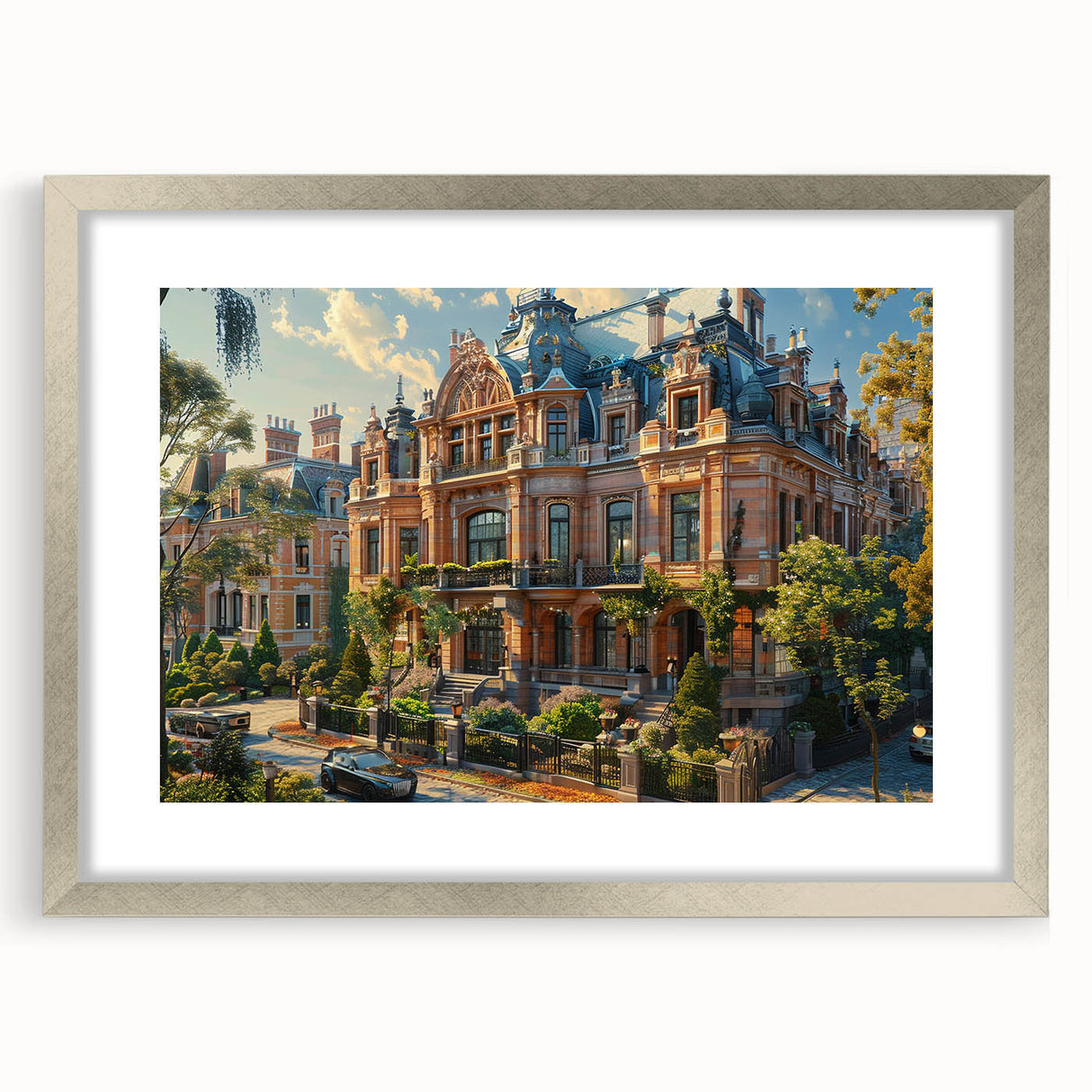 Abstract art print of a palace design in muted gray and silver tones on a framed poster, suitable for dining room decor.