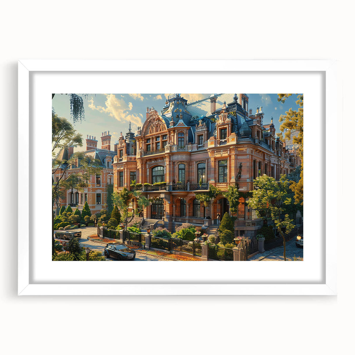 Extra large abstract art print of a textured palace design in muted earth tones on a white-framed canvas.