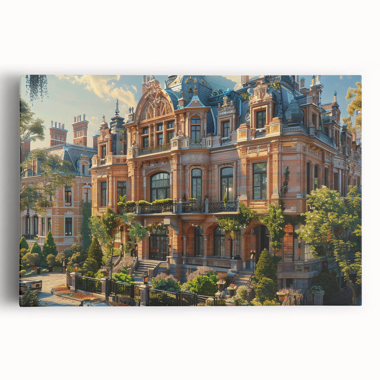 Black and white large art print of a palace's intricate architecture on stretched canvas, suitable for kitchen wall art.