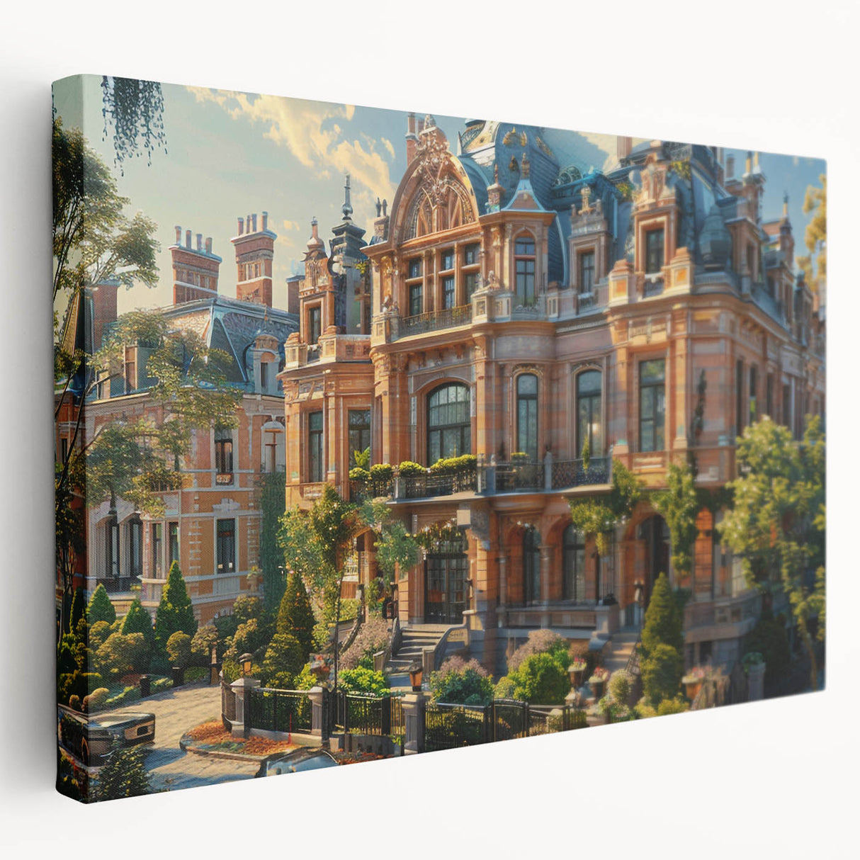 Large art print of a palace architecture design in muted beige and white tones on stretched canvas.