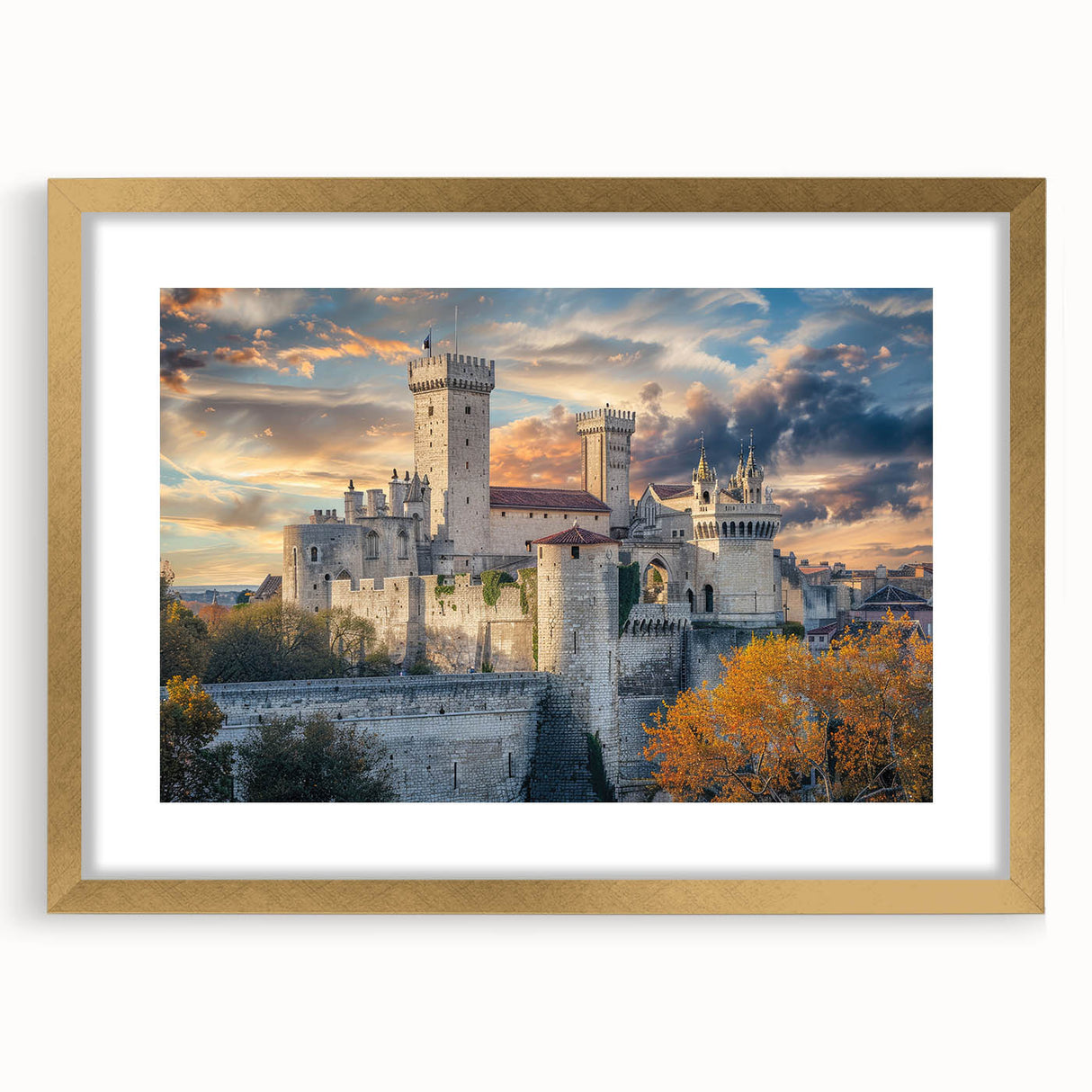 Textured abstract art print of a palace design in muted gold and white, framed with a gold mat, ideal for bedroom art.