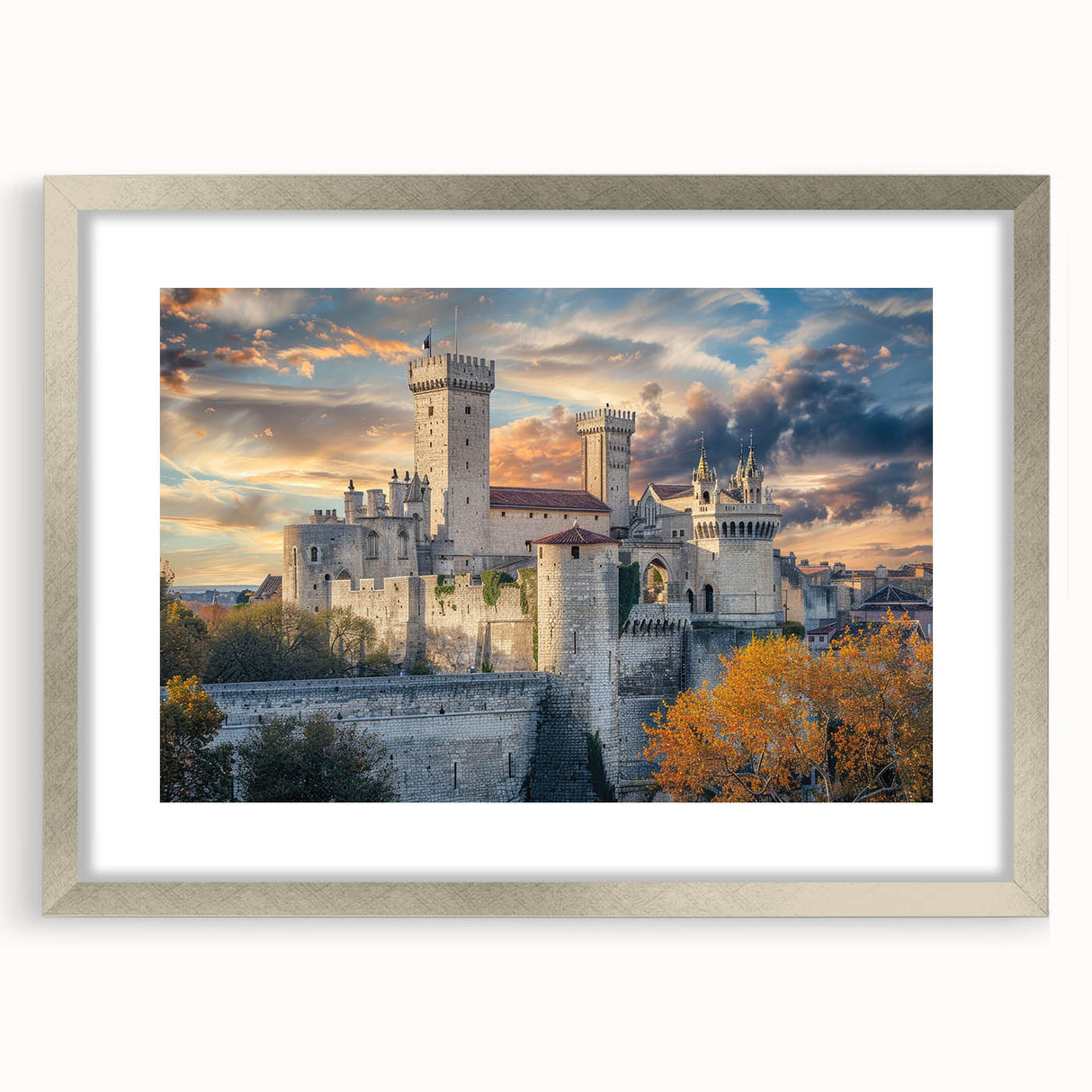 Abstract art print depicting a modern palace design in silver and gray tones on a framed canvas.