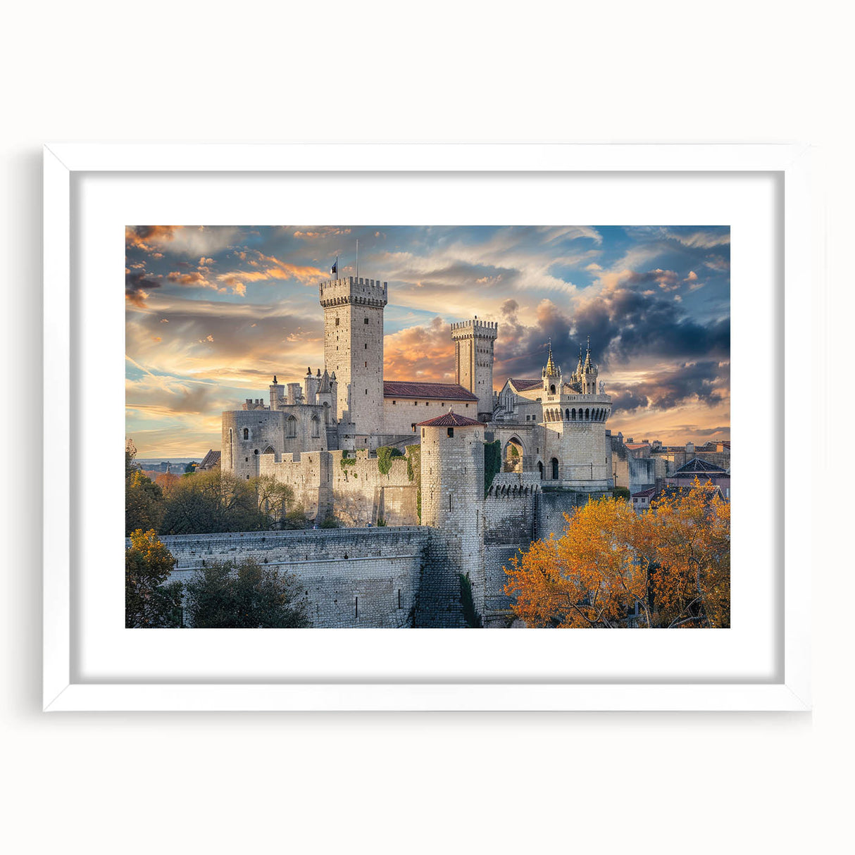 Abstract art print of a palace design in muted cream and beige, framed in white.