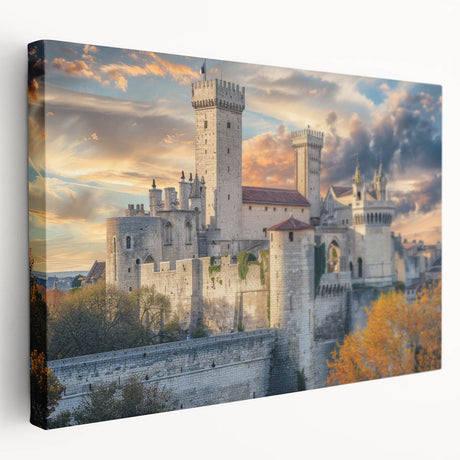 Side view of a large stretched canvas depicting a detailed palace architecture in muted earth tones.