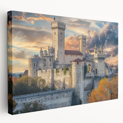 Side view of a large stretched canvas depicting a detailed palace architecture in muted earth tones.