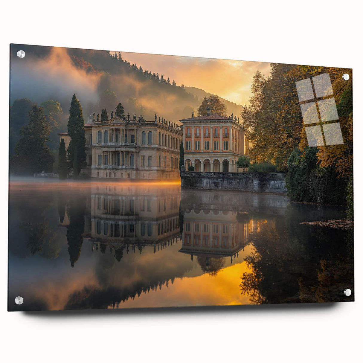 Large abstract wall art on acrylic glass depicting a modern architectural palace design in neutral tones.