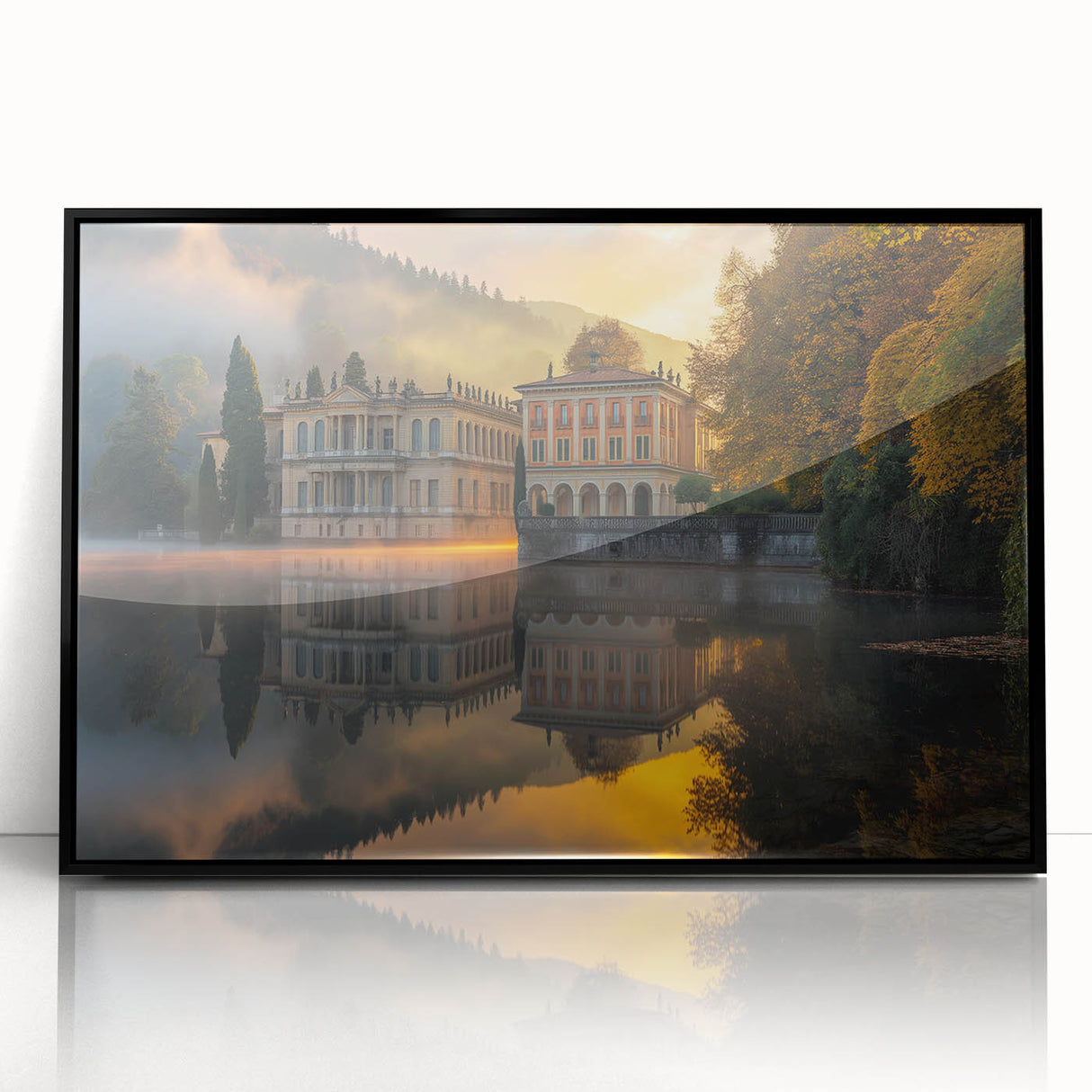 Large abstract wall art of a palace, in mid-century modernist style, framed in black acrylic.