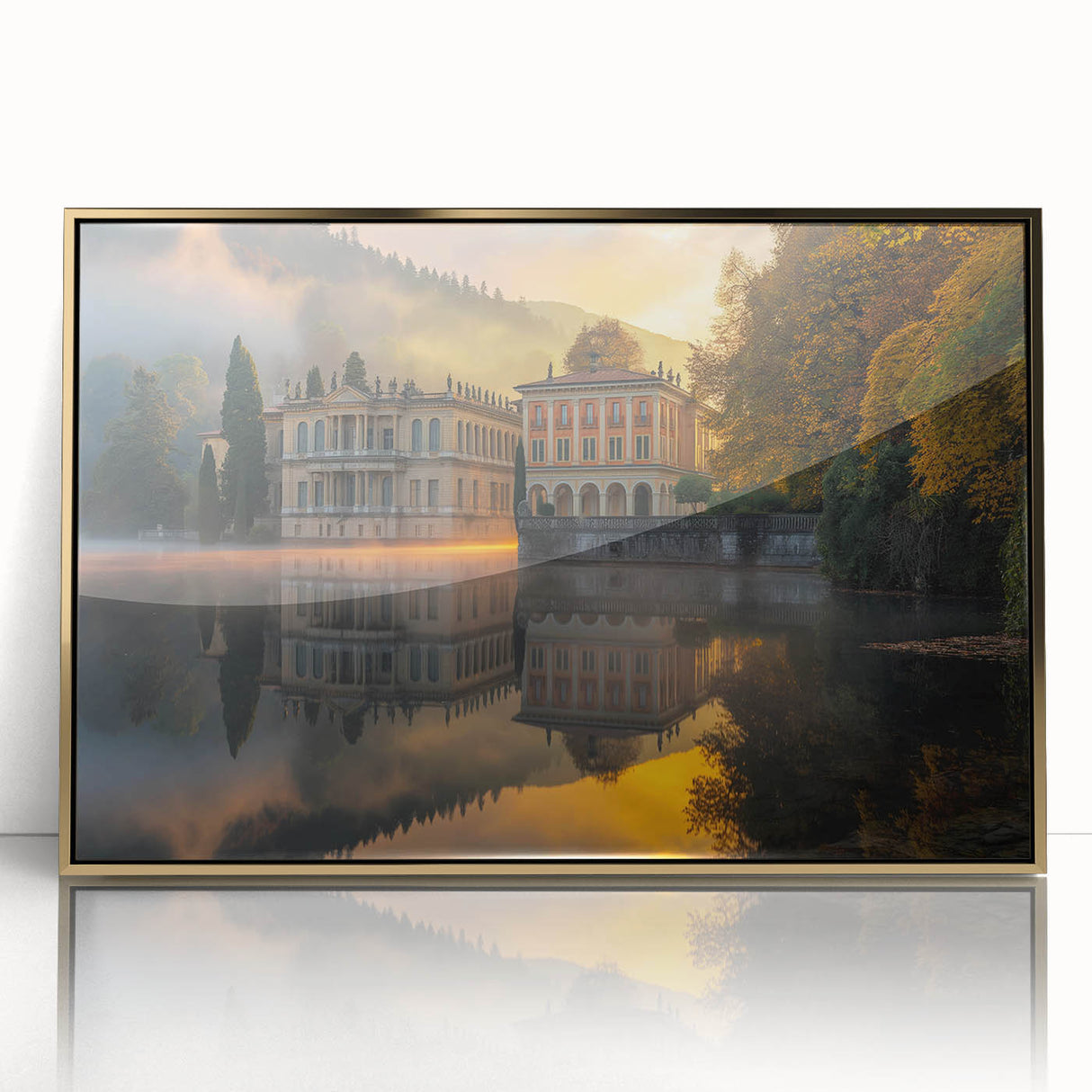 Mid-century modernist art of a palace in muted gold and white tones on framed acrylic, ideal for nursery wall decor.