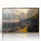 Mid-century modernist art of a palace in muted gold and white tones on framed acrylic, ideal for nursery wall decor.