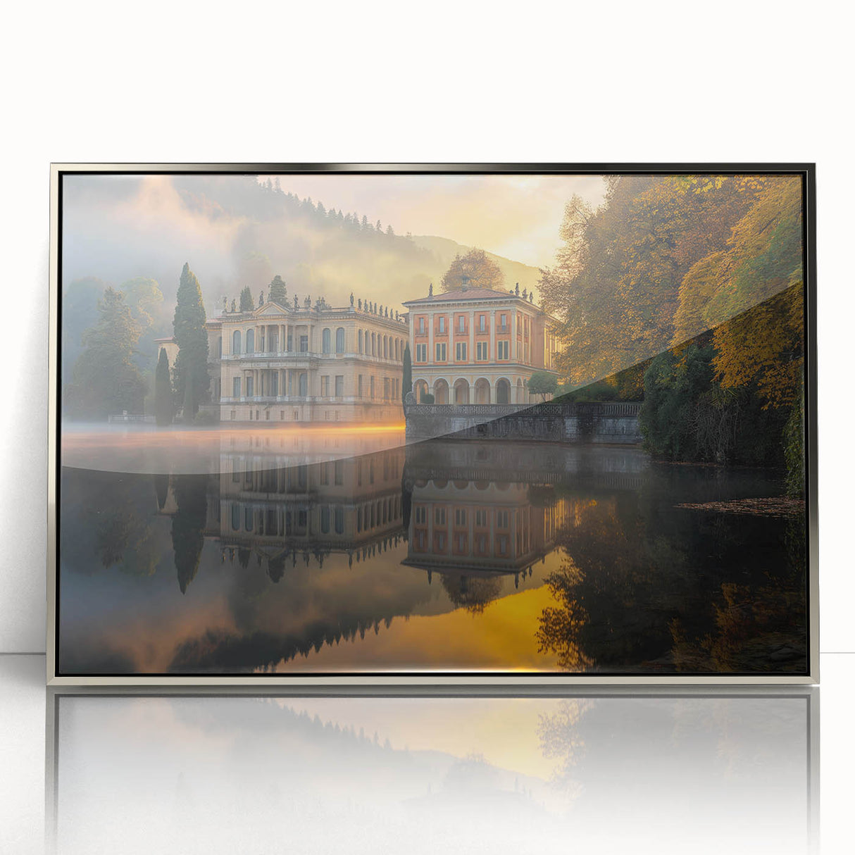 Art Deco style palace architecture in silver and gray tones on a framed acrylic, suited for modern art wall decor.