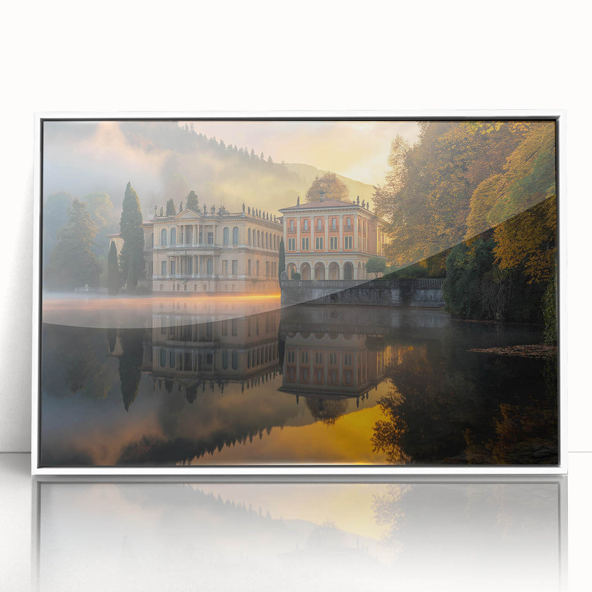 Large art print of a mid-century modernist palace in muted gray and white tones, acrylic framed.